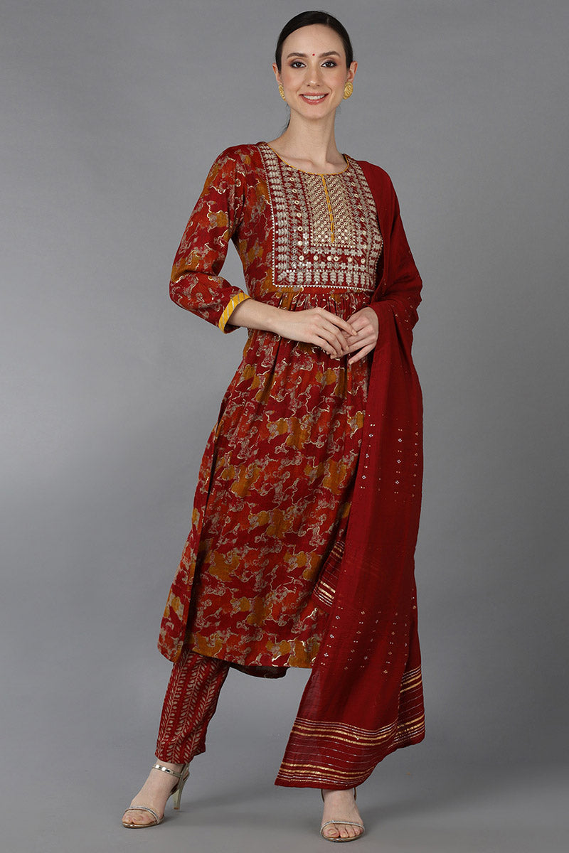 Red Cotton Blend Zari Embroidered Suit Set VKSKD1667