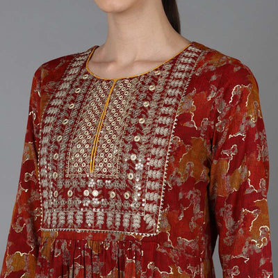 Red Cotton Blend Zari Embroidered Suit Set VKSKD1667