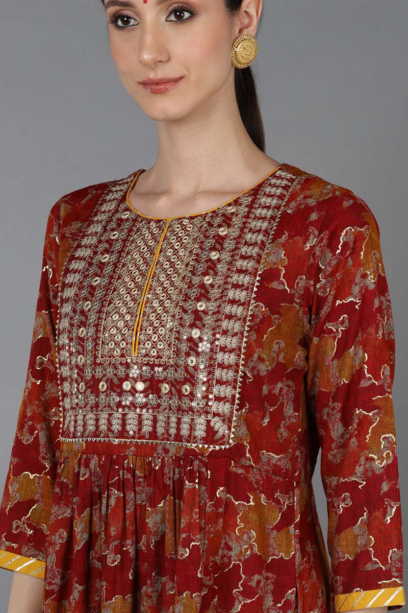 Red Cotton Blend Zari Embroidered Suit Set VKSKD1667