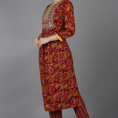 Red Cotton Blend Zari Embroidered Suit Set VKSKD1667
