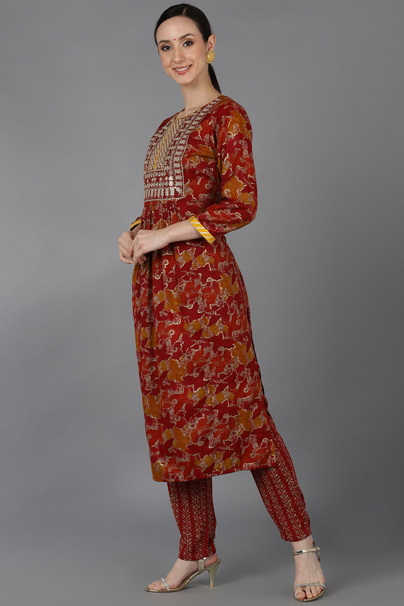 Red Cotton Blend Zari Embroidered Suit Set VKSKD1667