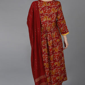 Red Cotton Blend Zari Embroidered Suit Set VKSKD1667