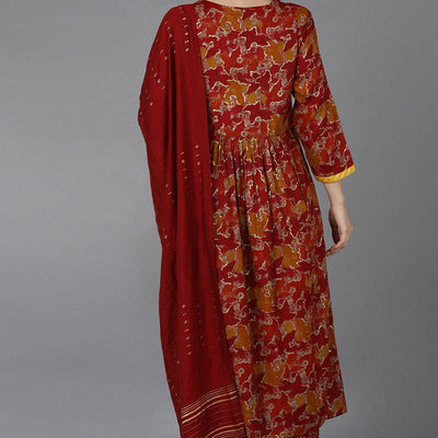 Red Cotton Blend Zari Embroidered Suit Set VKSKD1667