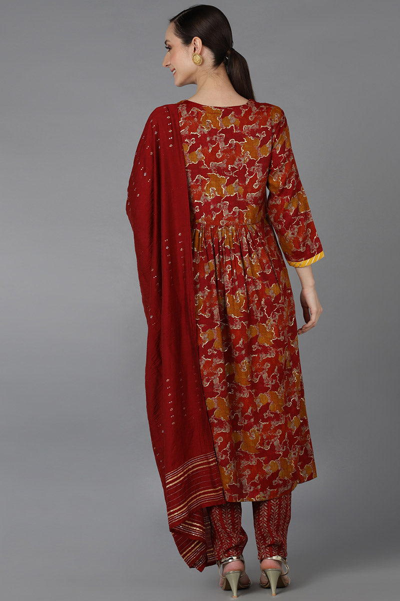 Red Cotton Blend Zari Embroidered Suit Set VKSKD1667