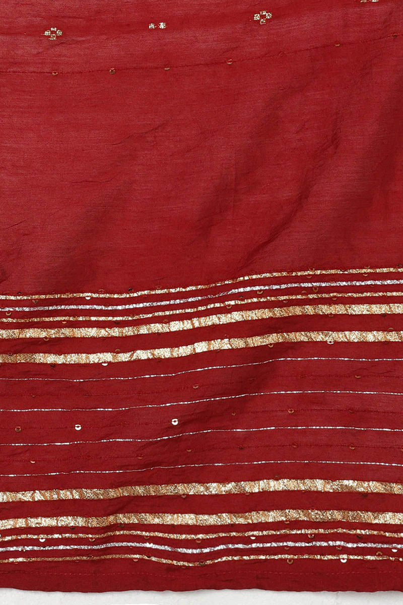 Red Cotton Blend Zari Embroidered Suit Set VKSKD1667