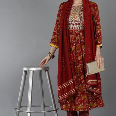 Red Cotton Blend Zari Embroidered Suit Set VKSKD1667