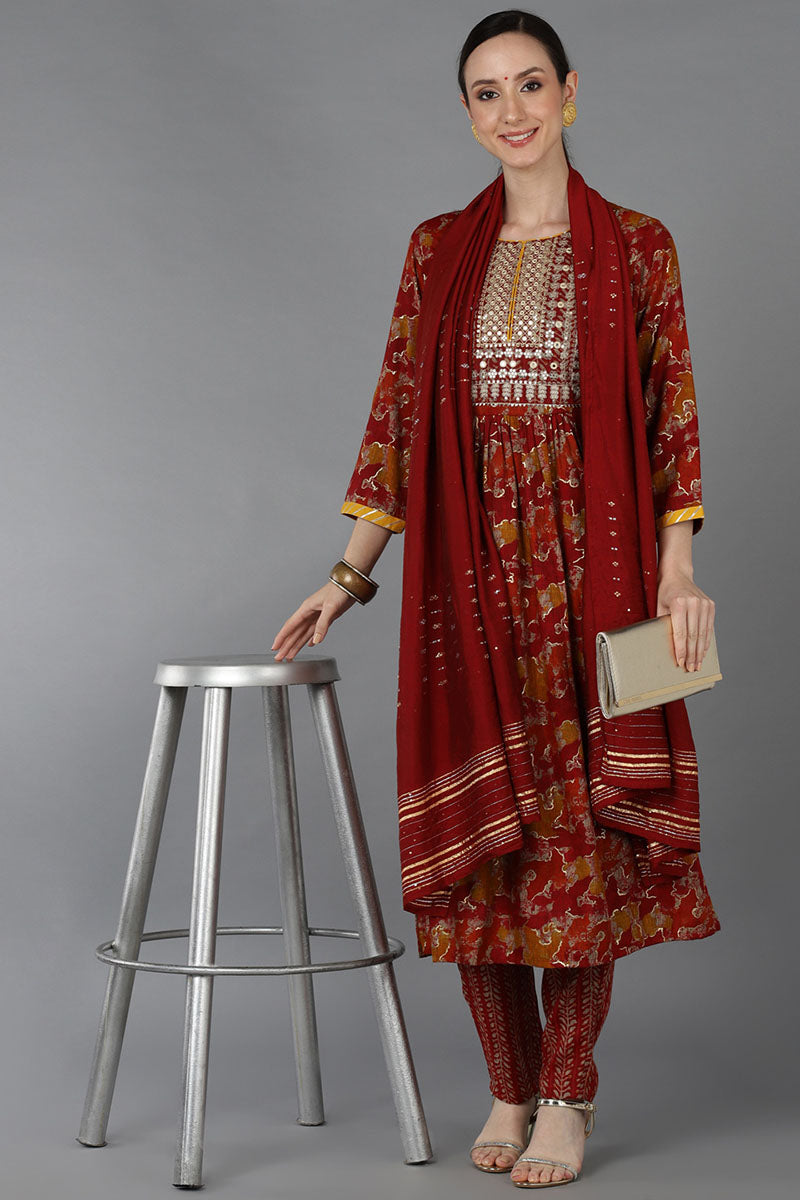 Red Cotton Blend Zari Embroidered Suit Set VKSKD1667