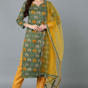Green Rayon Blend Ethnic Motif Printed Straight Suit Set VKSKD1721