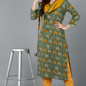 Green Rayon Blend Ethnic Motif Printed Straight Suit Set VKSKD1721
