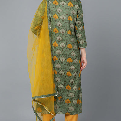 Green Rayon Blend Ethnic Motif Printed Straight Suit Set VKSKD1721
