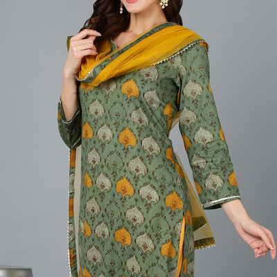 Green Rayon Blend Ethnic Motif Printed Straight Suit Set VKSKD1721