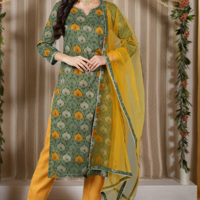 Green Rayon Blend Ethnic Motif Printed Straight Suit Set VKSKD1721
