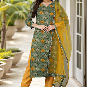 Green Rayon Blend Ethnic Motif Printed Straight Suit Set VKSKD1721
