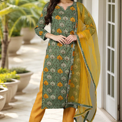 Green Rayon Blend Ethnic Motif Printed Straight Suit Set VKSKD1721