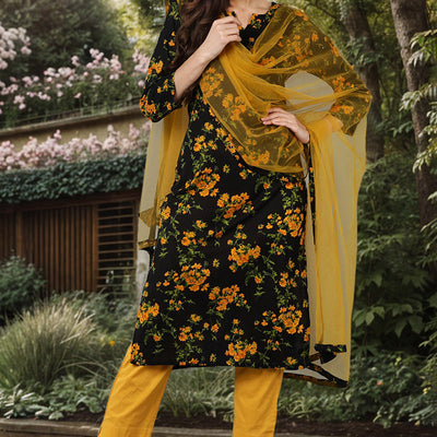 Black Rayon Blend Floral Straight Kurta Pant With Dupatta VKSKD1731