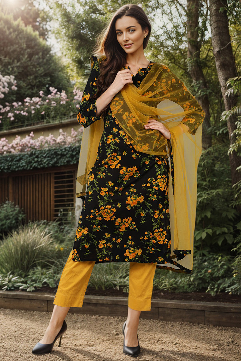 Black Rayon Blend Floral Straight Kurta Pant With Dupatta VKSKD1731