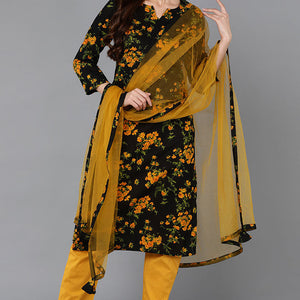 Black Rayon Blend Floral Straight Kurta Pant With Dupatta VKSKD1731