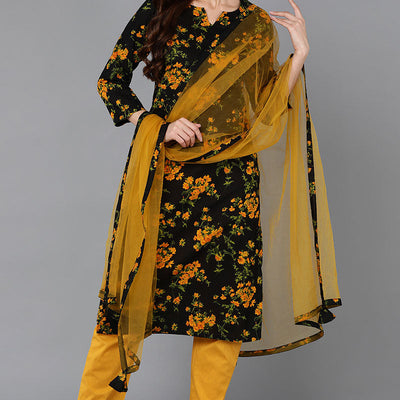 Black Rayon Blend Floral Straight Kurta Pant With Dupatta VKSKD1731