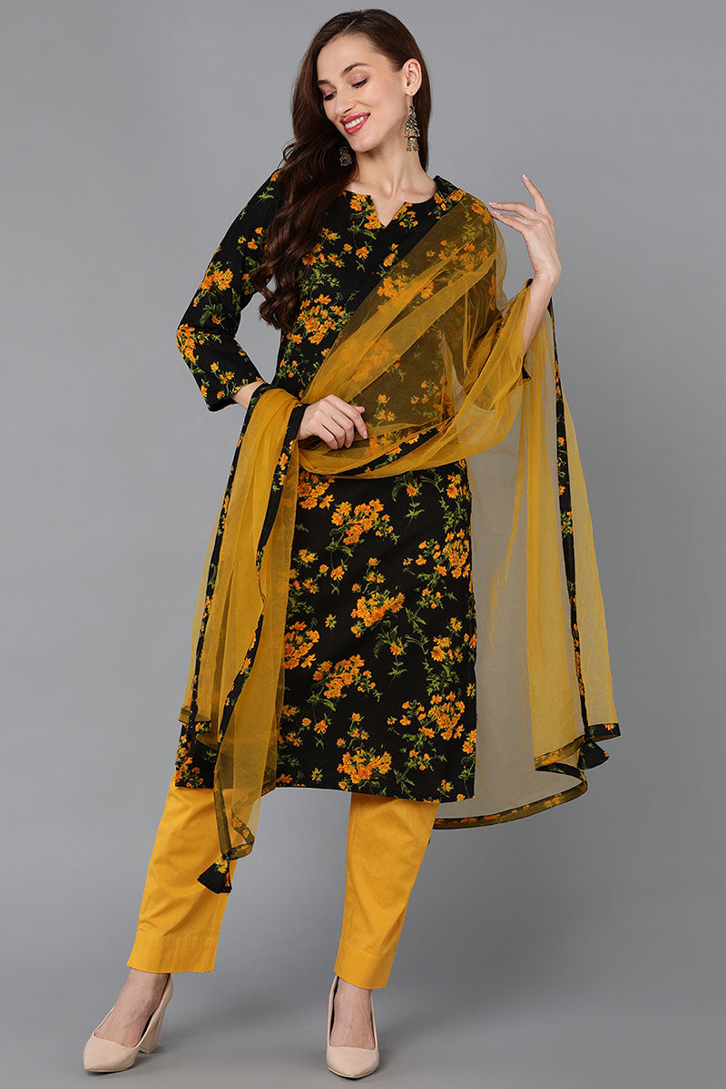 Black Rayon Blend Floral Straight Kurta Pant With Dupatta VKSKD1731