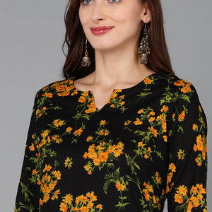 Black Rayon Blend Floral Straight Kurta Pant With Dupatta VKSKD1731