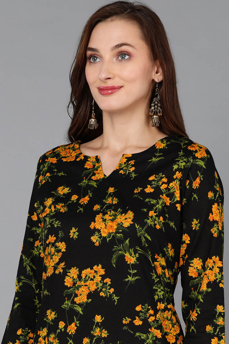 Black Rayon Blend Floral Straight Kurta Pant With Dupatta VKSKD1731
