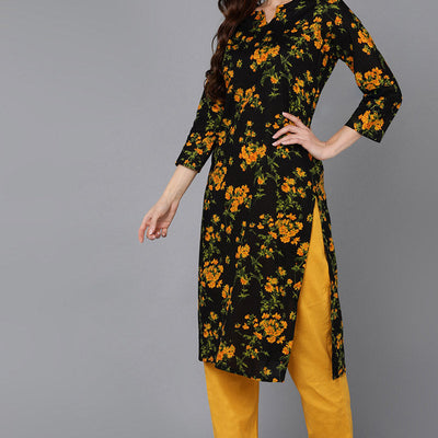 Black Rayon Blend Floral Straight Kurta Pant With Dupatta VKSKD1731