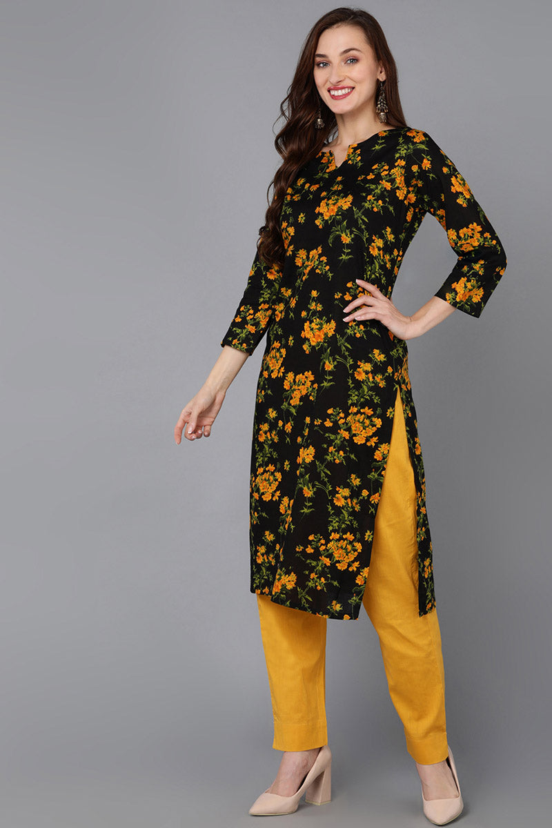 Black Rayon Blend Floral Straight Kurta Pant With Dupatta VKSKD1731