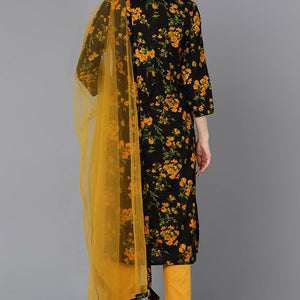 Black Rayon Blend Floral Straight Kurta Pant With Dupatta VKSKD1731
