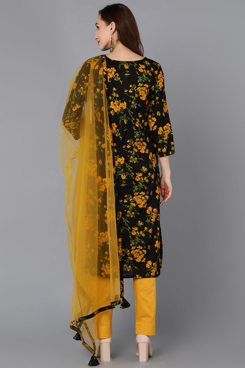 Black Rayon Blend Floral Straight Kurta Pant With Dupatta VKSKD1731