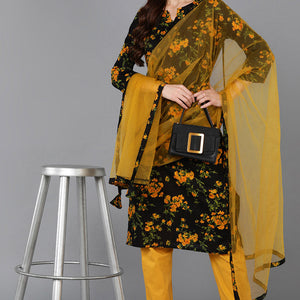 Black Rayon Blend Floral Straight Kurta Pant With Dupatta VKSKD1731
