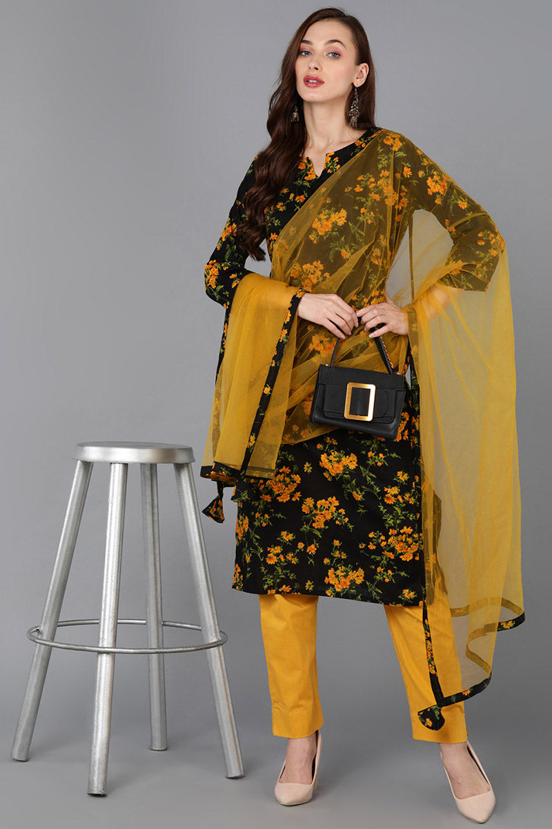 Black Rayon Blend Floral Straight Kurta Pant With Dupatta VKSKD1731