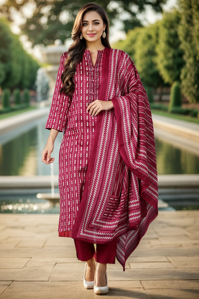 Rayon Blend Tyrian Maroon Straight Kurta Pant With Dupatta VKSKD1811