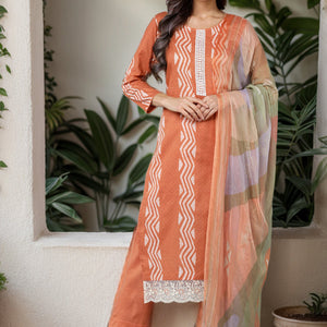 Orange Silk Blend Straight Suit Set VKSKD1837
