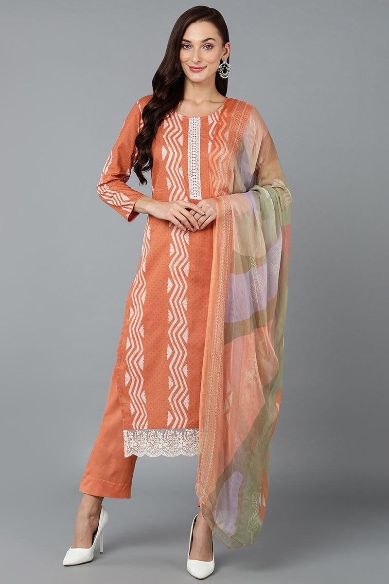 Orange Silk Blend Straight Suit Set VKSKD1837