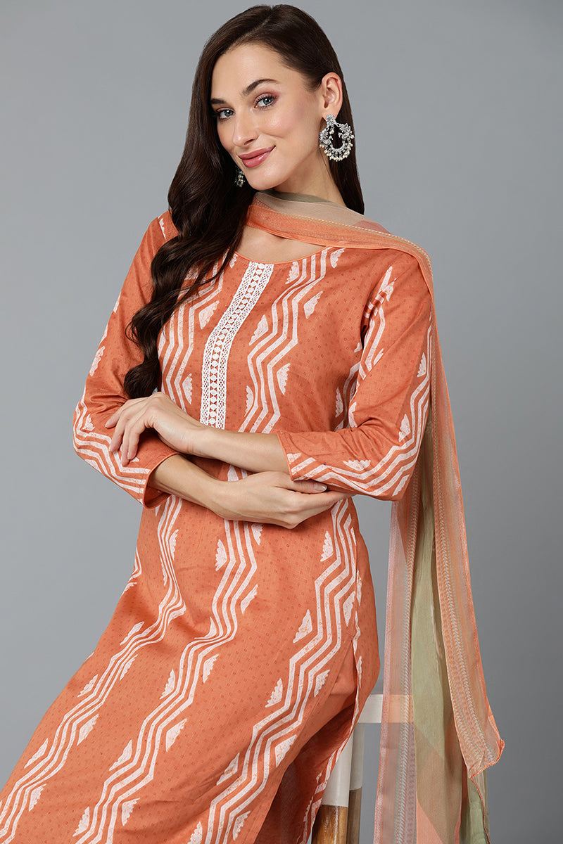 Orange Silk Blend Straight Suit Set VKSKD1837