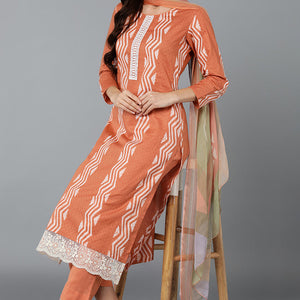 Orange Silk Blend Straight Suit Set VKSKD1837