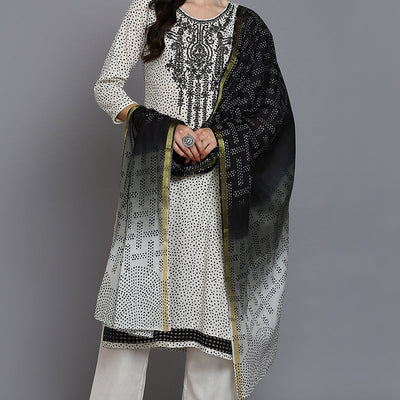 Off White Cotton Bandhani Straight Suit Set VKSKD1870