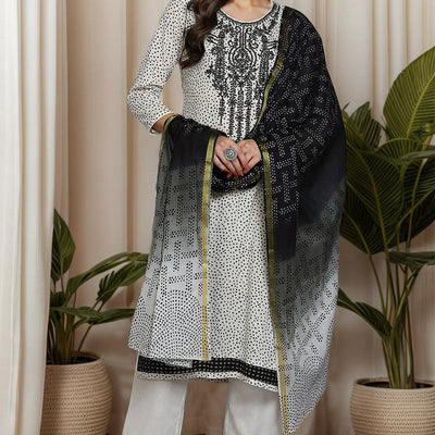 Off White Cotton Bandhani Straight Suit Set VKSKD1870