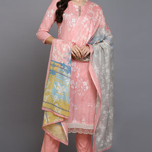 Peach Cotton Blend Ethnic Motifs Straight Suit Set VKSKD1879