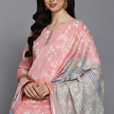 Peach Cotton Blend Ethnic Motifs Straight Suit Set VKSKD1879
