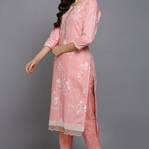 Peach Cotton Blend Ethnic Motifs Straight Suit Set VKSKD1879