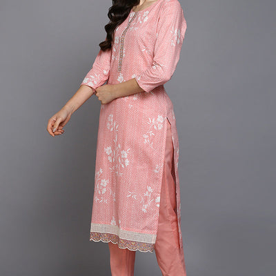 Peach Cotton Blend Ethnic Motifs Straight Suit Set VKSKD1879