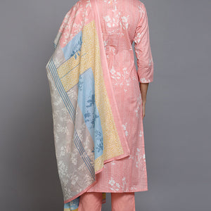Peach Cotton Blend Ethnic Motifs Straight Suit Set VKSKD1879