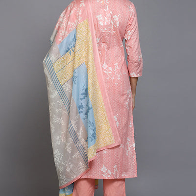 Peach Cotton Blend Ethnic Motifs Straight Suit Set VKSKD1879