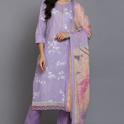 Lavender Cotton Floral Straight Suit Set VKSKD1881