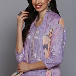 Lavender Cotton Floral Straight Suit Set VKSKD1881
