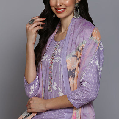 Lavender Cotton Floral Straight Suit Set VKSKD1881