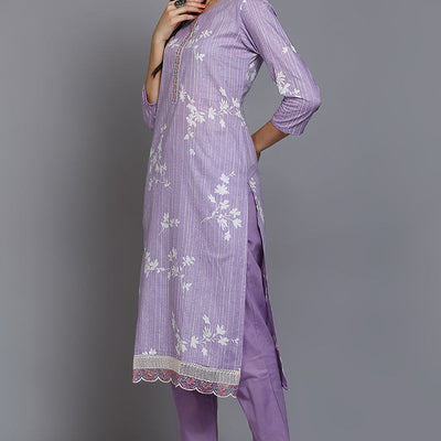 Lavender Cotton Floral Straight Suit Set VKSKD1881