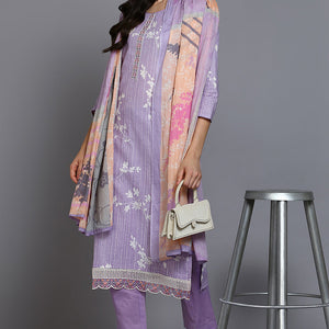 Lavender Cotton Floral Straight Suit Set VKSKD1881