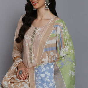 Nude Cotton Floral Straight Suit Set VKSKD1882